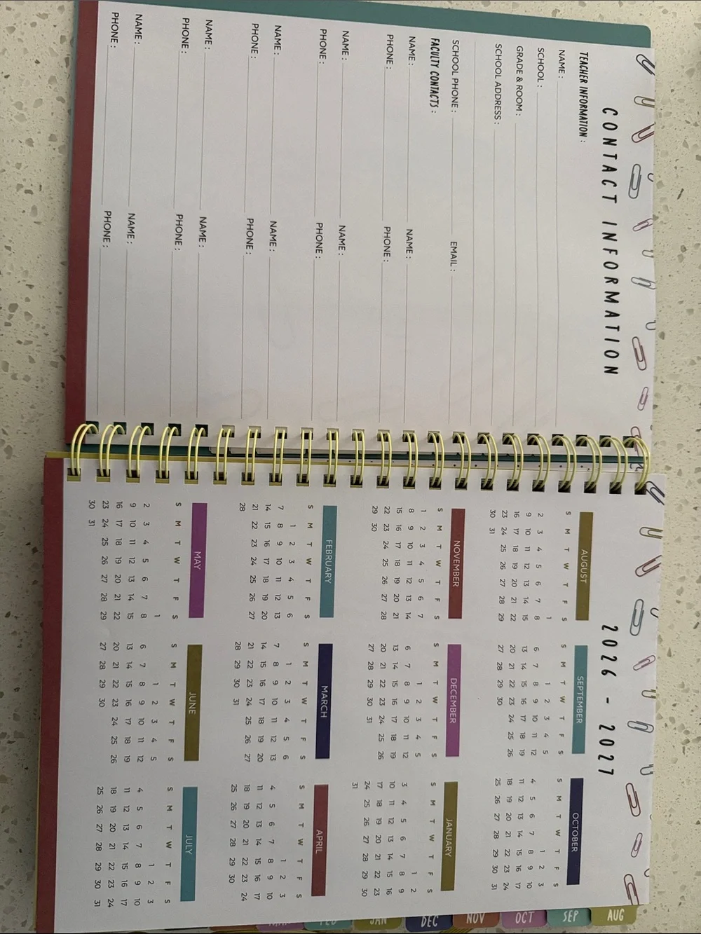 Pembrook 2026-2027 Teacher Planner – Black with Pastel Paperclip Design
